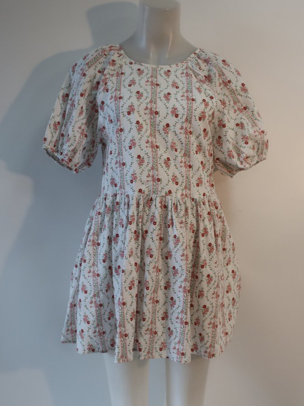 Womens Hill House White Pink (Item-224) Floral Puff Sleeve Baby Doll Dress XXS